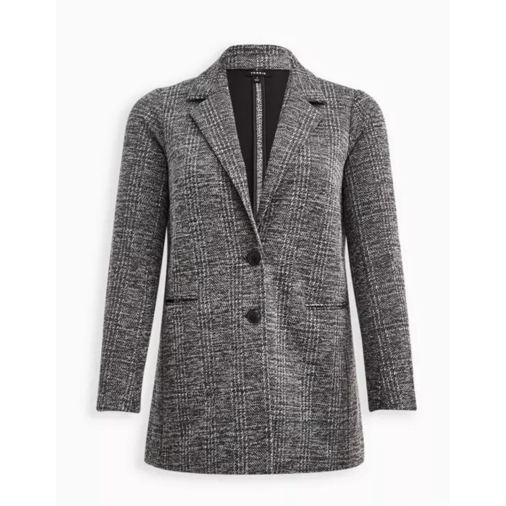 Torrid Knit Blazer Women Sz 1 Grey Black Plaid Longline 2-Button Career Jacket - Picture 12 of 15